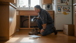 Home inspector checking under kitchen sink