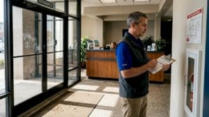 Inspector reviewing lobby map in commercial building
