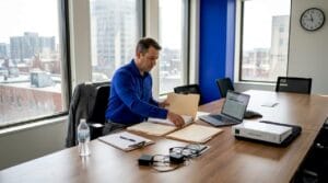 Manager preparing inspection documents in bright conference room