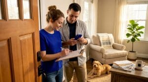 Buyers preparing home for inspection in living room