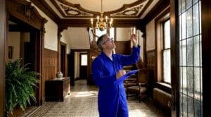 Home inspector reviews historic estate living room