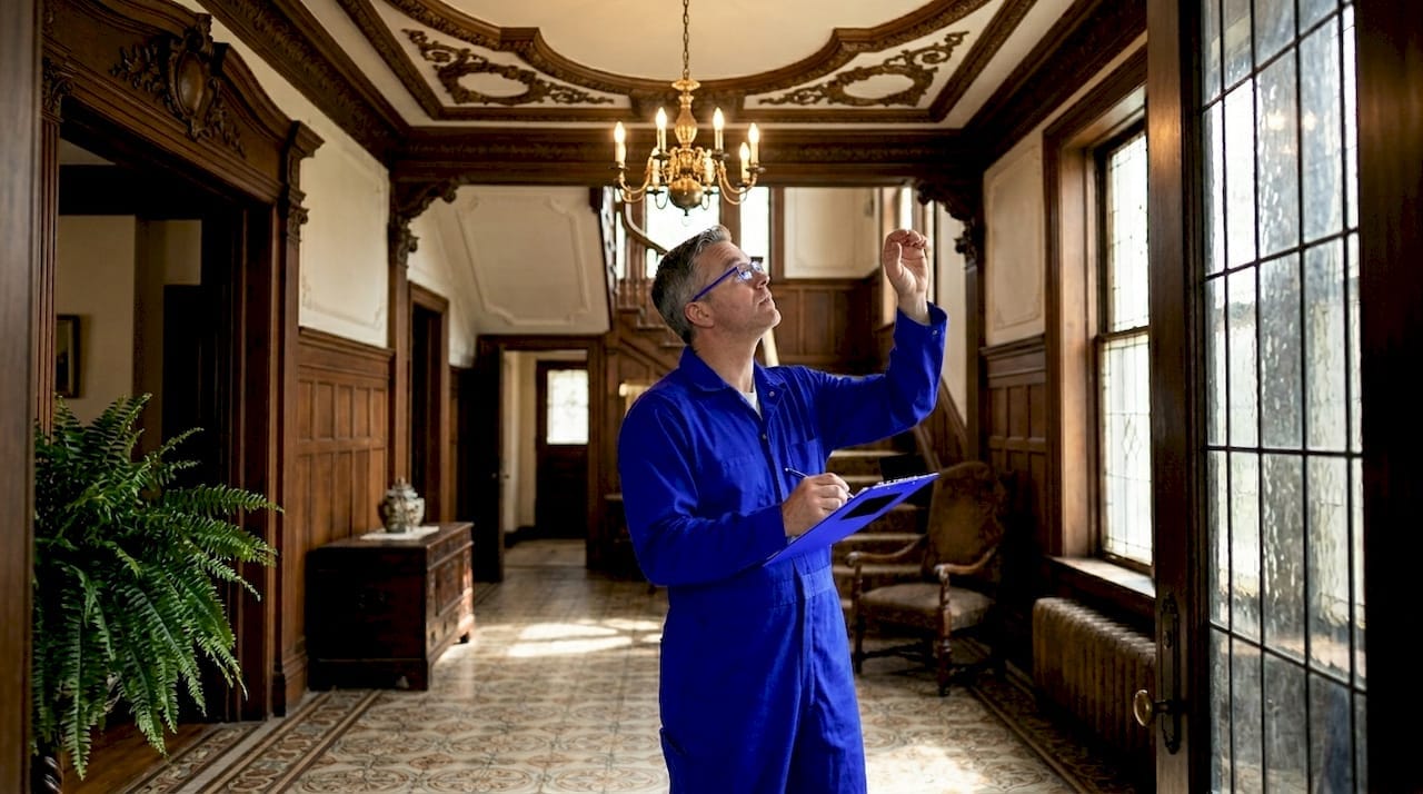 Home inspector reviews historic estate living room