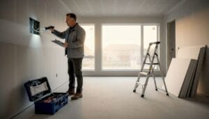 Inspector walking through unfinished new home