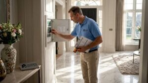 Home inspector reviewing luxury foyer system