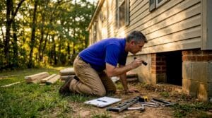 Engineer inspecting manufactured home foundation