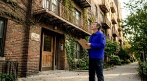 Inspector walking outside apartment building
