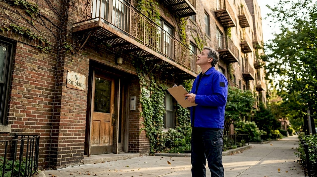 Inspector walking outside apartment building