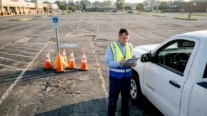 Property manager inspecting parking lot surface