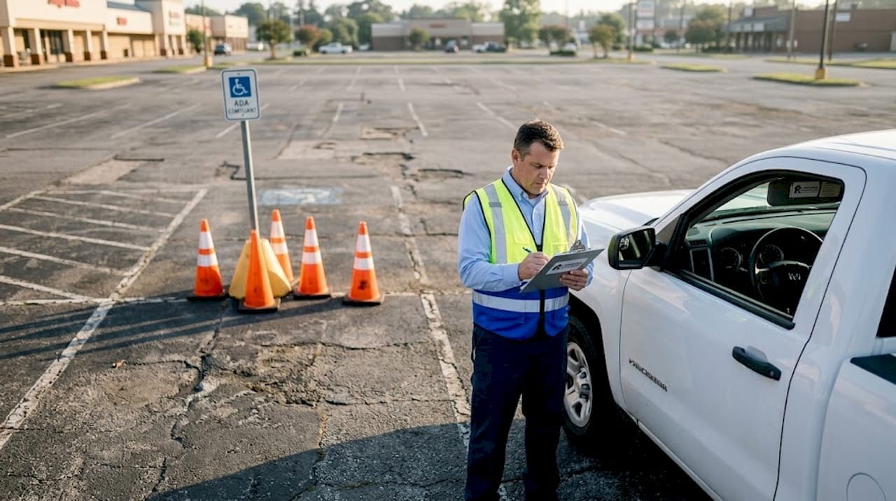 Property manager inspecting parking lot surface