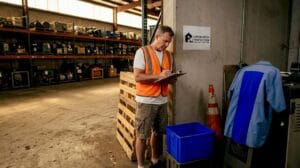 Warehouse inspector reviewing pallet rack condition
