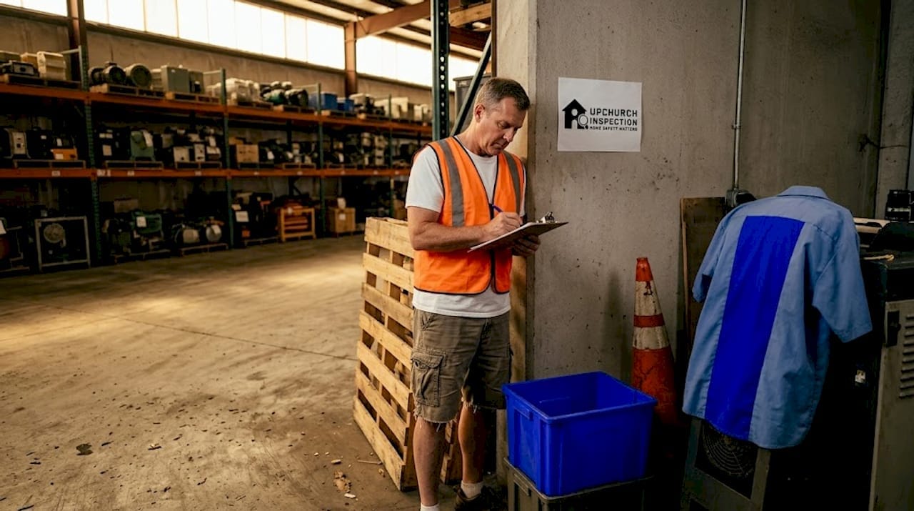Warehouse inspector reviewing pallet rack condition