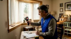 Inspector using thermal camera on living room wall