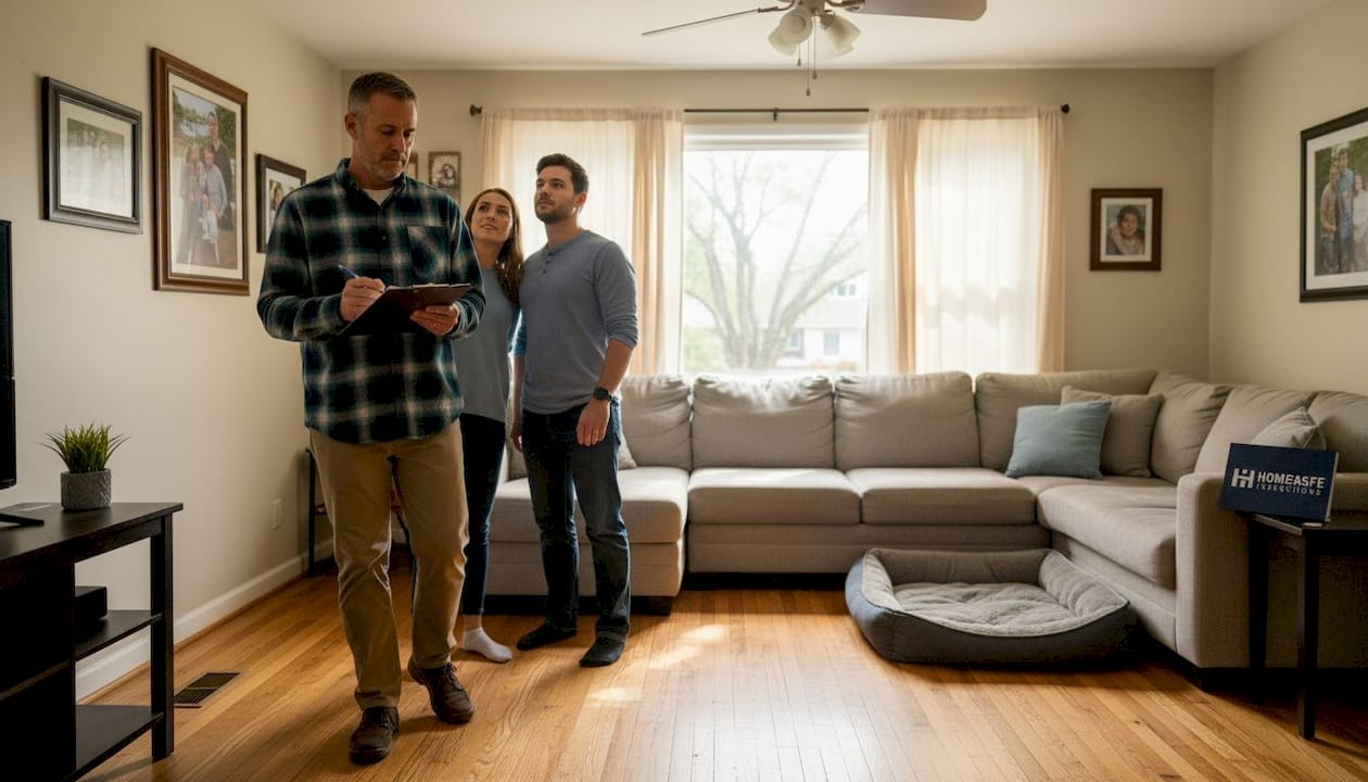 Home inspector with buyers in living room
