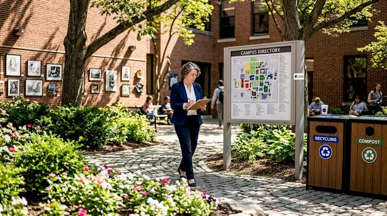 Administrator inspecting sunlit campus hallway