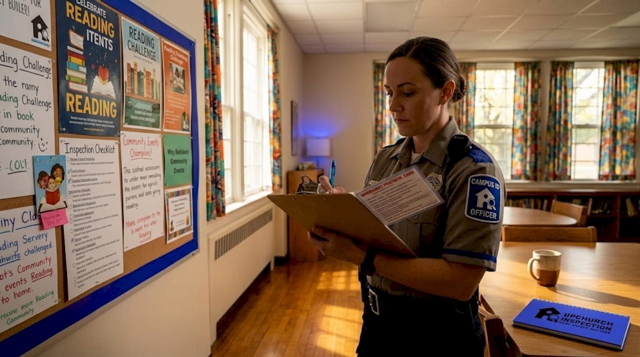Safety officer checks school inspection checklist