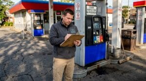 Inspector noting details at gas station pump