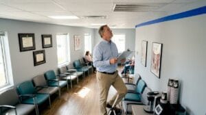 Facility manager inspecting medical office waiting area