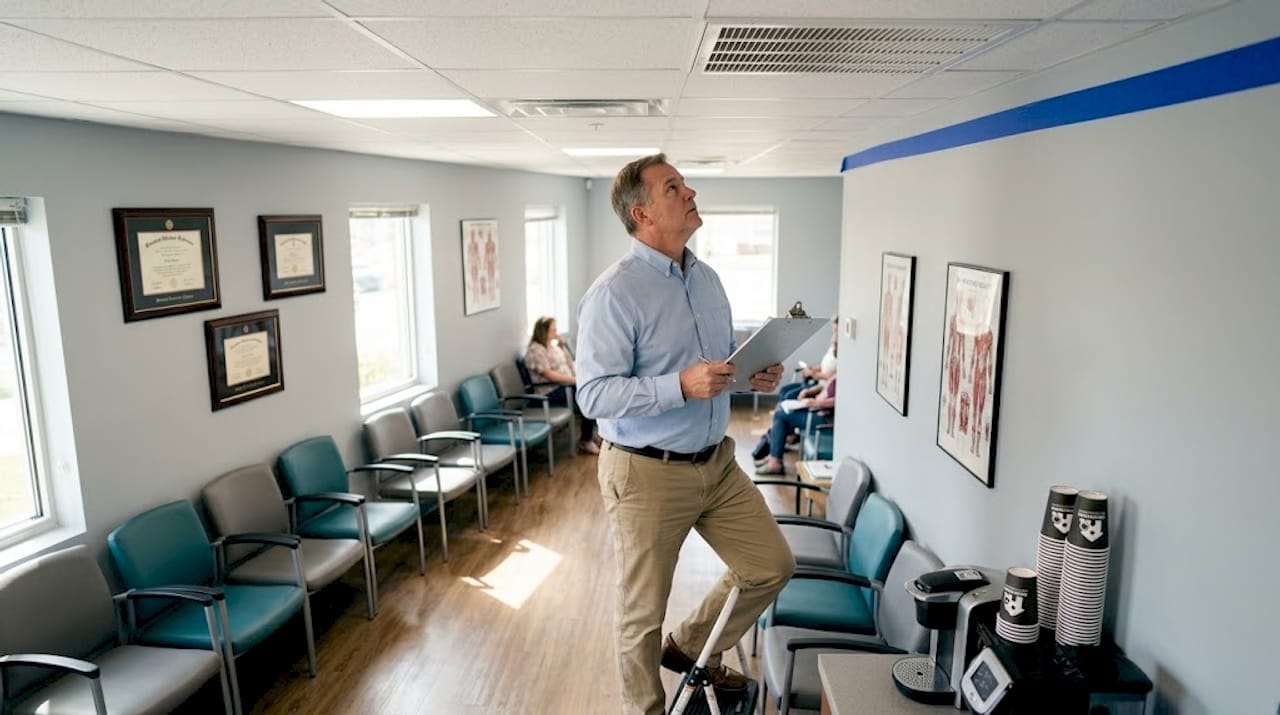Facility manager inspecting medical office waiting area
