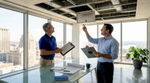 Inspector and manager during office inspection walkthrough