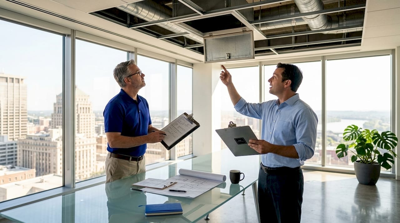 Inspector and manager during office inspection walkthrough