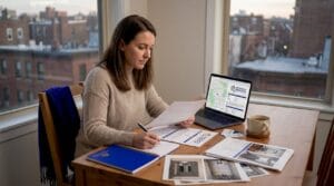 Homebuyer reviewing inspection report kitchen table