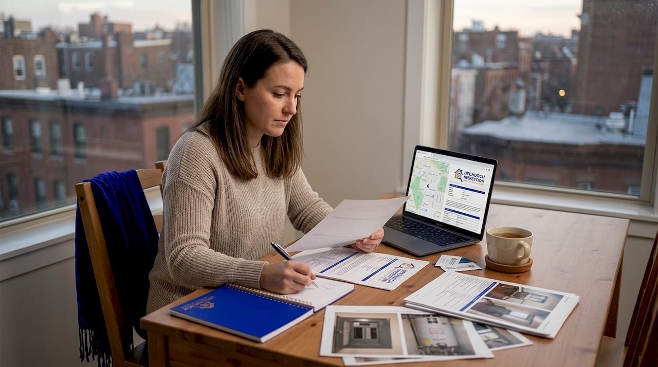 Homebuyer reviewing inspection report kitchen table