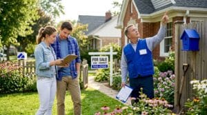 Homebuyers with inspector examining house exterior