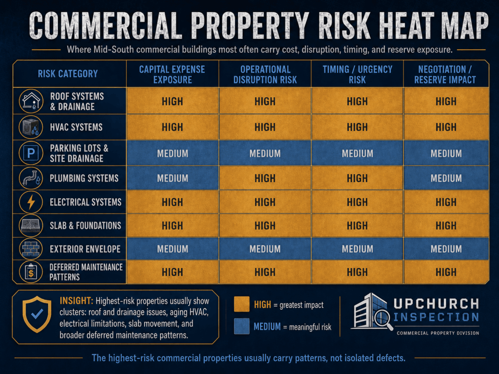 Commercial property risk heat map comparing roof systems, HVAC, parking lots, plumbing, electrical systems, slabs, exterior envelope, and deferred maintenance by capital expense, operational disruption, urgency, and reserve impact.