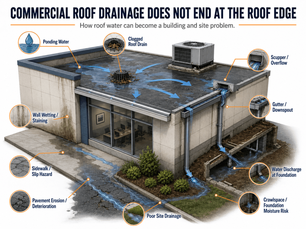 commercial roof drainage does not end at the roof edge