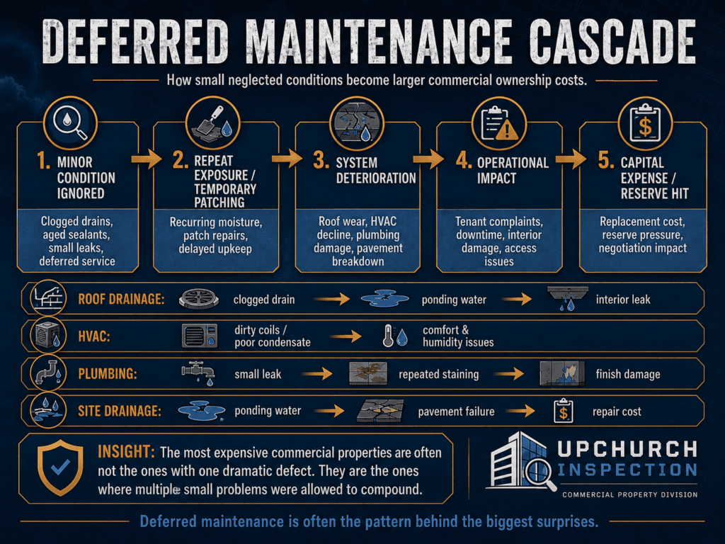 Deferred maintenance cascade graphic showing how ignored commercial building conditions can progress from minor issues to repeated patching, system deterioration, operational impact, and capital expense.