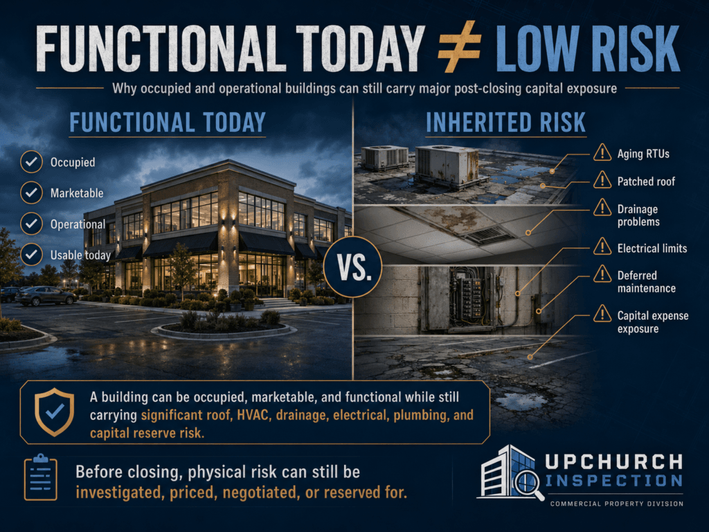 Commercial building risk graphic showing that an occupied and operational property can still carry roof, HVAC, drainage, electrical, deferred maintenance, and capital expense exposure.