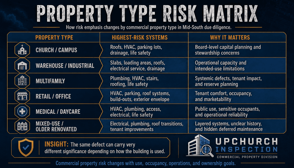 Property type risk matrix showing how commercial inspection concerns differ for churches, warehouses, multifamily buildings, retail offices, medical daycare properties, and mixed-use older renovated buildings.