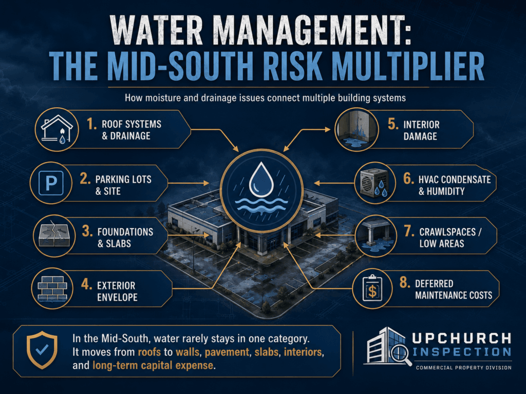 Water management risk multiplier diagram showing how moisture and drainage issues affect commercial roofs, parking lots, foundations, slabs, exterior walls, interiors, HVAC humidity, crawlspaces, and deferred maintenance costs.