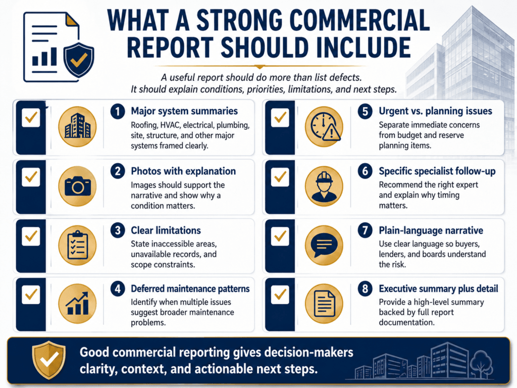 what a strong commercial report should include