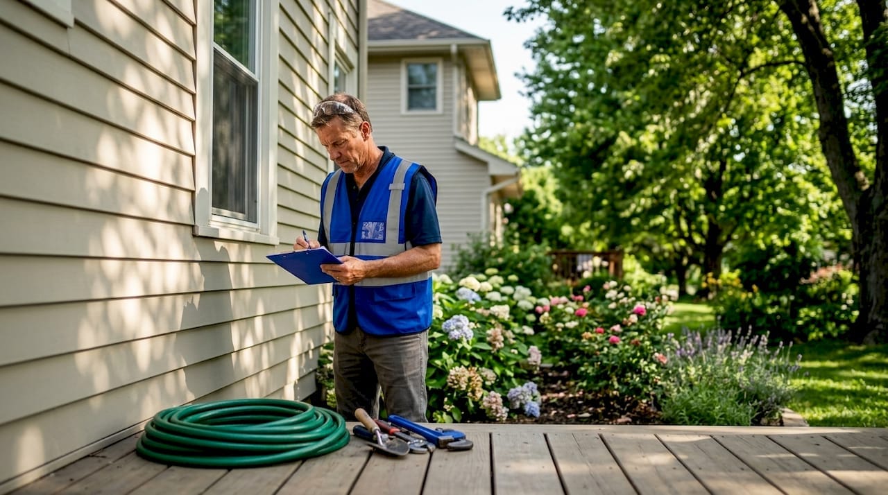 Property inspector examining suburban house exterior