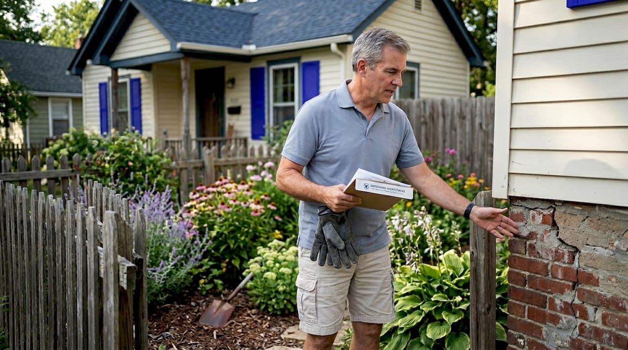 Home inspector examining house exterior with clipboard