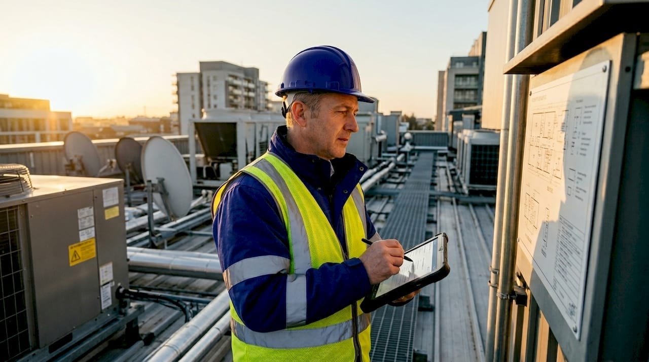 Inspector assessing commercial building rooftop