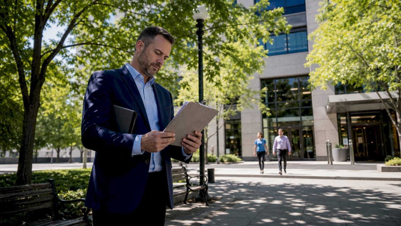 Agent reviewing checklist outside commercial building