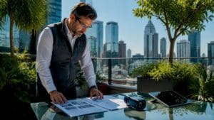 Commercial property inspector reviewing reports