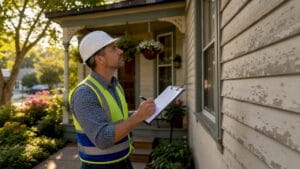 Home inspector reviewing property checklist indoors