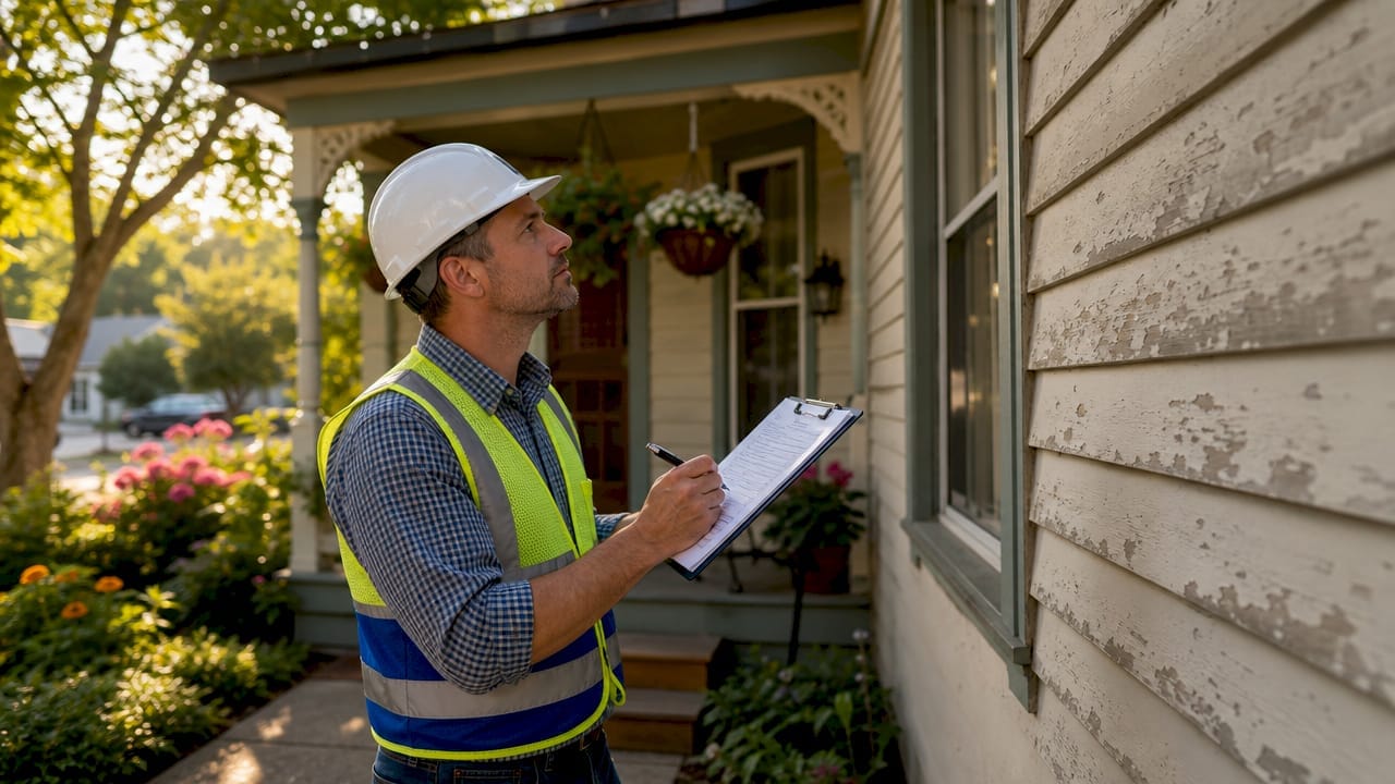 Home inspector reviewing property checklist indoors