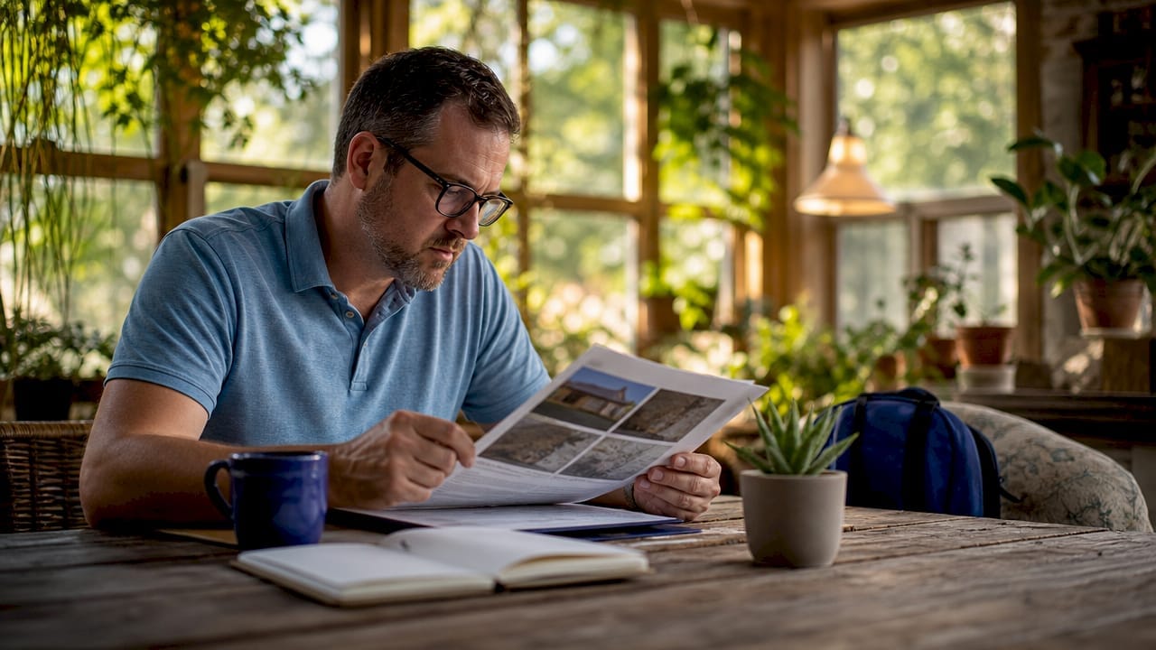 Home inspector reviewing property report at kitchen table