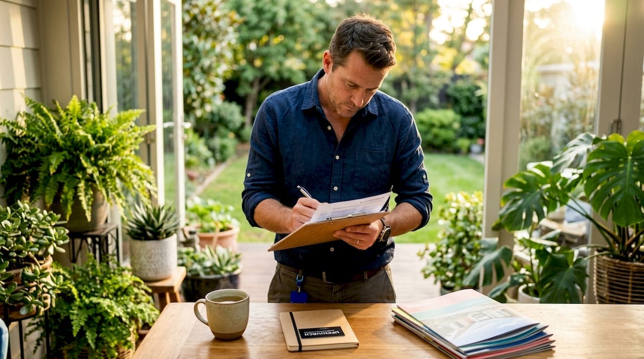 Real estate agent reviewing inspection report in home