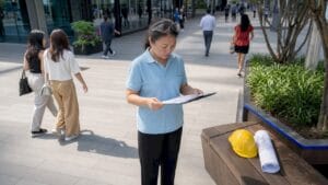 Female inspector reviewing report in warehouse lobby