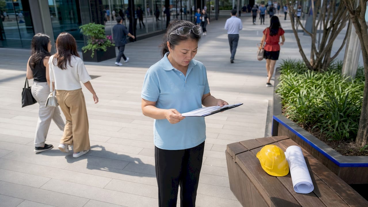 Female inspector reviewing report in warehouse lobby