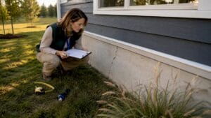 Home inspector examining new home foundation cracks