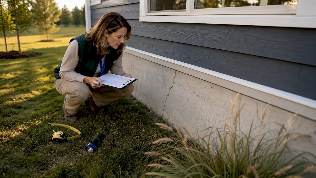 Home inspector examining new home foundation cracks