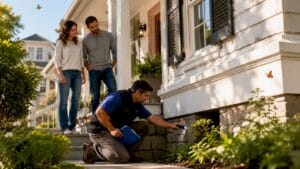 Home inspector showing inspection process to homebuyers