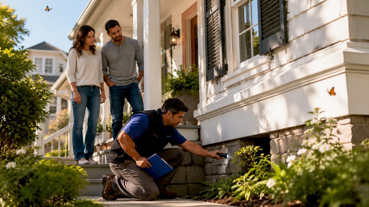 Home inspector showing inspection process to homebuyers