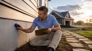 Home inspector checking new home foundation